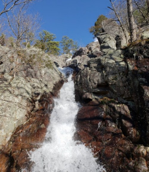 A waterfall cascading down rocky terrain, surrounded by trees and clear blue sky.