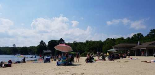 A sunny beach scene with people relaxing on sand, colorful umbrellas, and trees in the background near a calm lake.