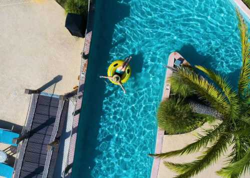 Aerial view of a person floating on a yellow inner tube in a clear blue pool, surrounded by palm trees and lounge chairs.