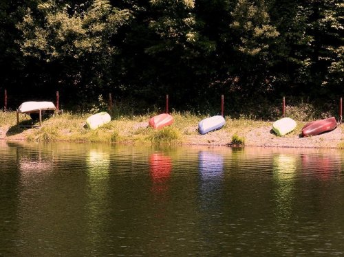 Colorful boats lined up by a calm lake, reflecting in the water with lush greenery in the background.