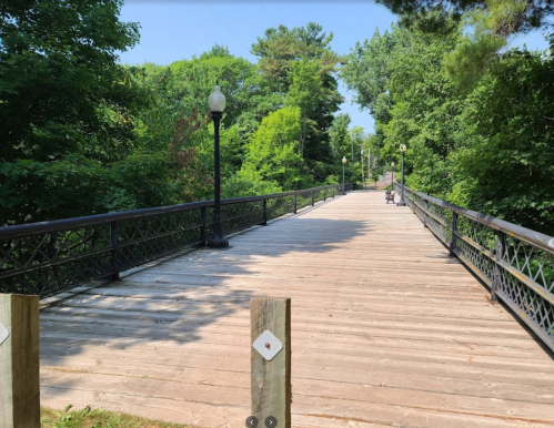 A wooden bridge surrounded by lush green trees, with lampposts lining the path under a clear blue sky.