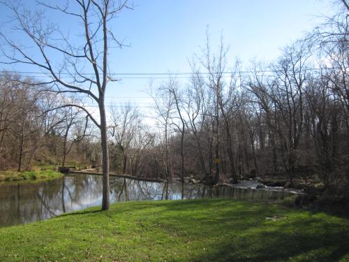 A serene landscape featuring a calm pond surrounded by trees and grassy areas under a clear blue sky.