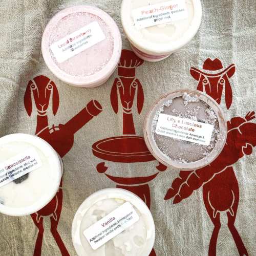 Six ice cream tubs in various flavors on a patterned tablecloth featuring whimsical illustrations.