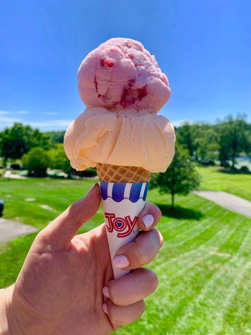 A hand holds a cone with two scoops of pink and yellow ice cream against a sunny, green landscape.