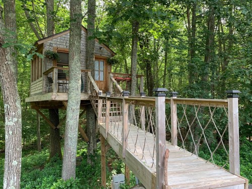 A charming treehouse nestled among trees, connected by a wooden walkway with railings.