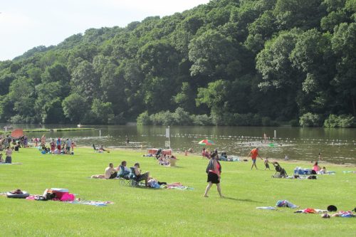 A sunny park scene with people relaxing on blankets by a lake, surrounded by green trees and a clear sky.
