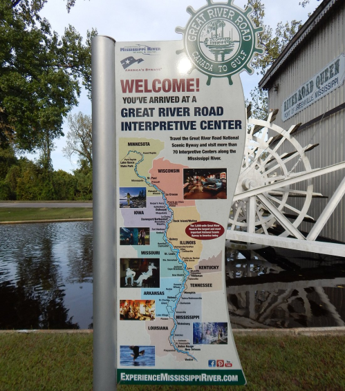 Sign welcoming visitors to the Great River Road Interpretive Center, detailing the route along the Mississippi River.