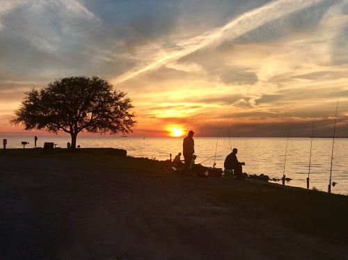 Silhouettes of two fishermen by the water at sunset, with a tree and colorful sky in the background.