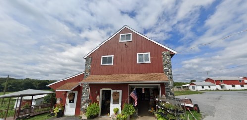 A red barn with stone accents, featuring a porch and flower pots, set against a cloudy sky and green fields.