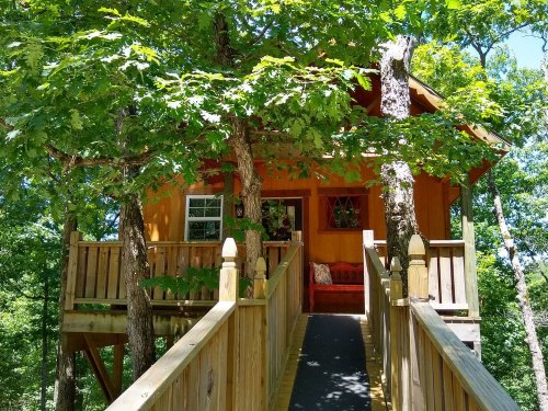 A cozy treehouse nestled among green trees, connected by a wooden walkway.