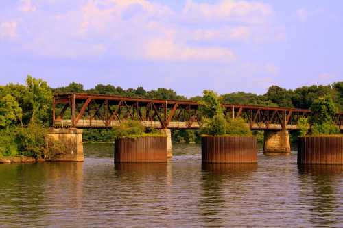 A rusted railway bridge spans a river, supported by large cylindrical pillars, surrounded by lush greenery and a blue sky.