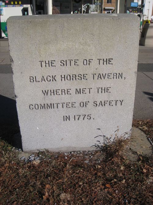 Stone marker commemorating the site of the Black Horse Tavern, where the Committee of Safety met in 1775.