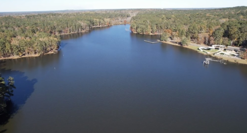 Aerial view of a calm lake surrounded by trees, with a small dock and buildings along the shore.