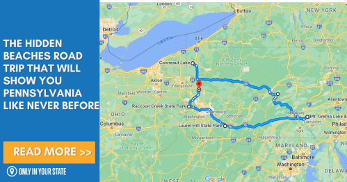 Map highlighting a road trip route through Pennsylvania, featuring hidden beaches and scenic locations.