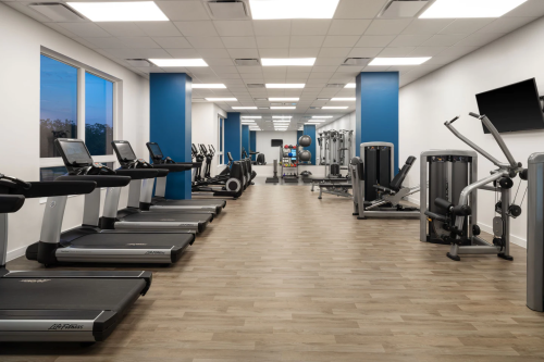 A modern gym with treadmills, exercise machines, and fitness equipment in a bright, spacious environment.