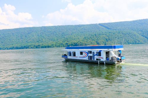 A colorful houseboat glides across a calm river, surrounded by lush green hills under a blue sky.