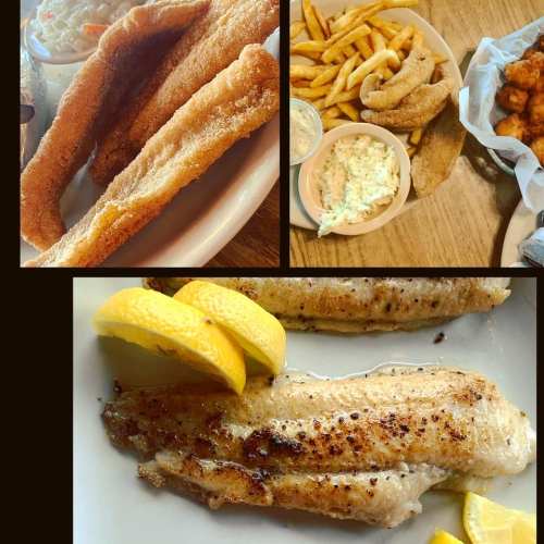 A collage of fried fish, chicken tenders, fries, and lemon wedges on a wooden table.