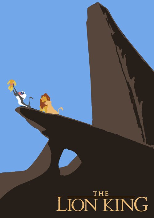 A minimalist illustration of Simba and Rafiki on a rock, with "The Lion King" title at the bottom.