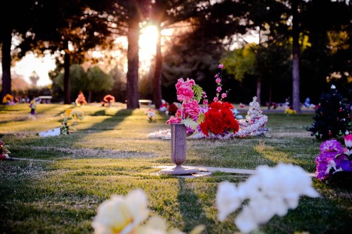 A serene cemetery scene at sunset, featuring colorful flowers on graves and soft sunlight filtering through trees.