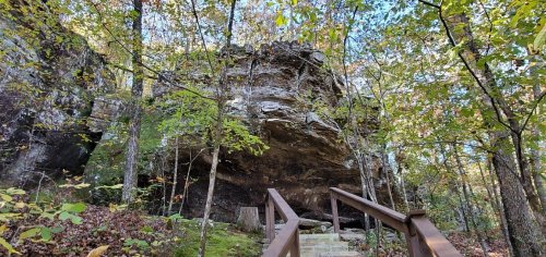 A wooden staircase leads to a large rock formation surrounded by lush green trees in a forested area.