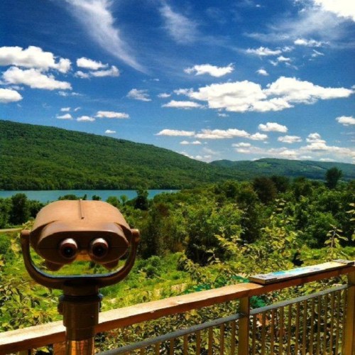 A scenic view of a lush green landscape with a river and mountains under a blue sky with fluffy clouds.