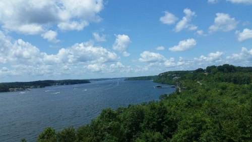 A scenic view of a river surrounded by lush greenery and dotted with boats under a bright blue sky with fluffy clouds.