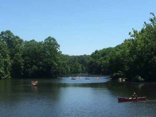 A serene lake surrounded by lush greenery, with several kayakers enjoying a sunny day on the water.