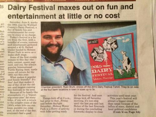 A newspaper article about the Dairy Festival, featuring Ryan Bruhl and the 2015 festival t-shirt design.