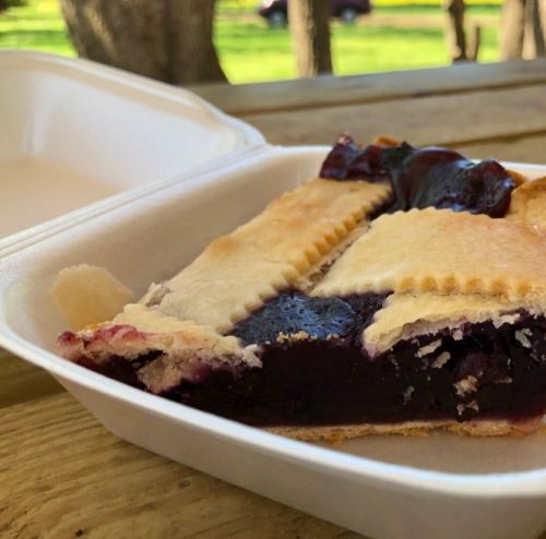 A slice of berry pie in a takeout container, resting on a wooden surface with a blurred outdoor background.