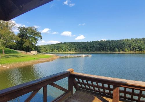 Scenic view of a calm lake surrounded by greenery, with a wooden dock and blue sky in the background.