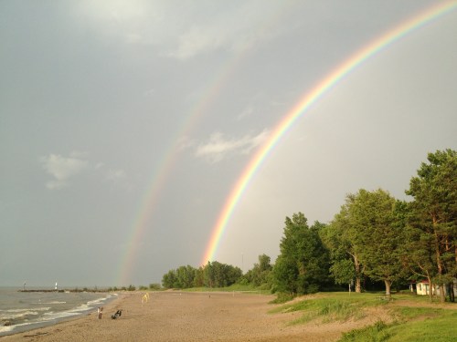 A beach scene with a double rainbow arching over the water, surrounded by trees and a cloudy sky.