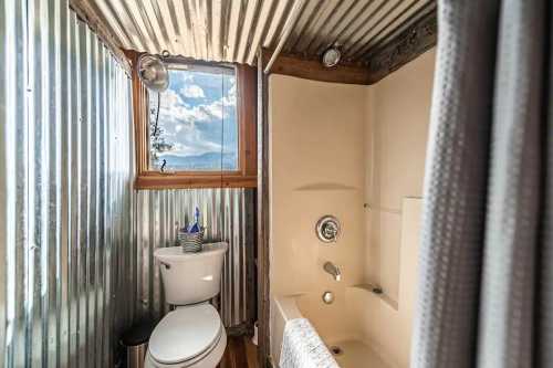 A rustic bathroom with corrugated metal walls, a shower, toilet, and a window showcasing a scenic view.