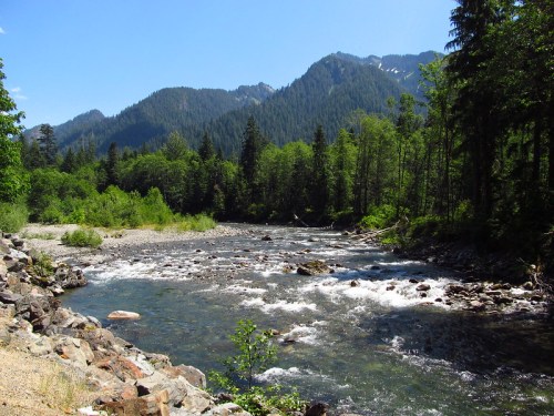 A serene river flows through a lush green landscape, surrounded by mountains under a clear blue sky.