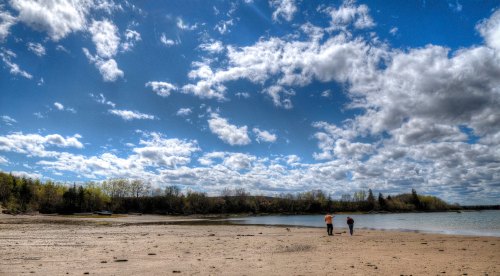 Two people walk along a sandy beach under a bright blue sky with fluffy clouds and lush green trees in the background.