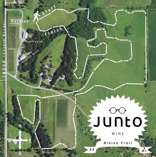 Map of the Junto Wine hiking trail, showing a 5k route with start and finish points, parking, and directional markers.