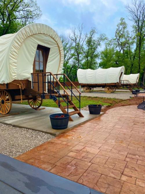 Three covered wagons on a grassy area, with steps leading up to each, surrounded by trees and a paved walkway.