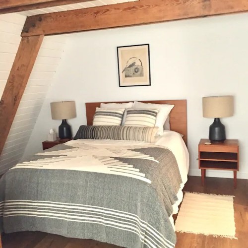 Cozy bedroom with a bed, striped blanket, two lamps, and wooden beams, featuring a simple wall art piece.