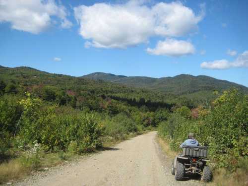 A person rides an ATV down a dirt road surrounded by lush green trees and mountains under a blue sky with clouds.