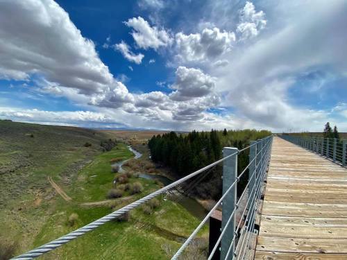 A wooden walkway stretches over a green valley, with a river and trees below, under a blue sky with fluffy clouds.