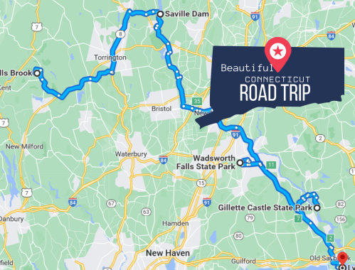 Map highlighting a scenic road trip route through Connecticut, featuring Wadsworth Falls State Park and Gillette Castle State Park.