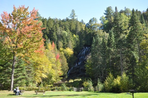 A scenic view of a waterfall surrounded by colorful autumn trees and lush green forest under a clear blue sky.