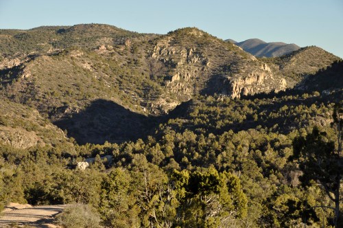 A scenic view of rugged mountains and dense forests under clear blue skies.