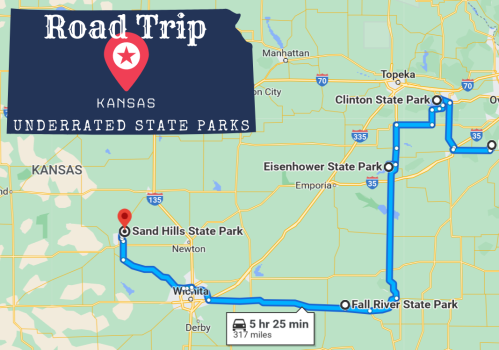 Map of a road trip through Kansas, highlighting underrated state parks with a route totaling 5 hours and 25 minutes.
