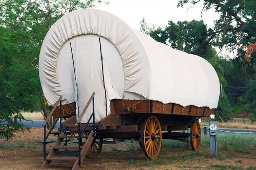 A covered wagon with a white canvas top, resting on wooden wheels in a grassy area near a road.