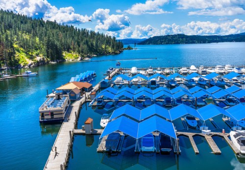A scenic marina with blue-roofed boat slips, surrounded by lush greenery and calm waters under a bright blue sky.