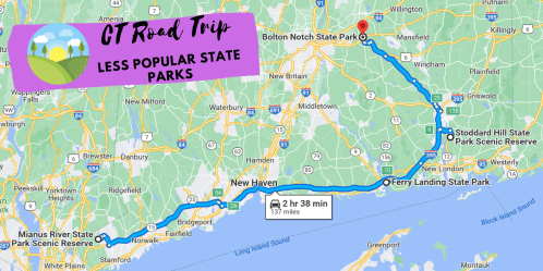Map showing a road trip route through less popular state parks in Connecticut, highlighting various park locations.