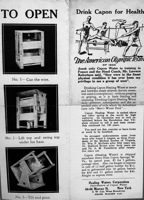 Image shows instructions for using Capon Water: cut the wire, lift and swing, then tilt and pour. Health benefits highlighted.