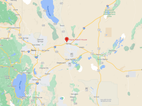 Map showing the location of Papas Ranch House near Fernley, Nevada, with surrounding highways and landmarks.