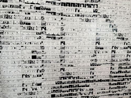 A collage of black-and-white comic strips arranged in a large grid pattern on a wall.