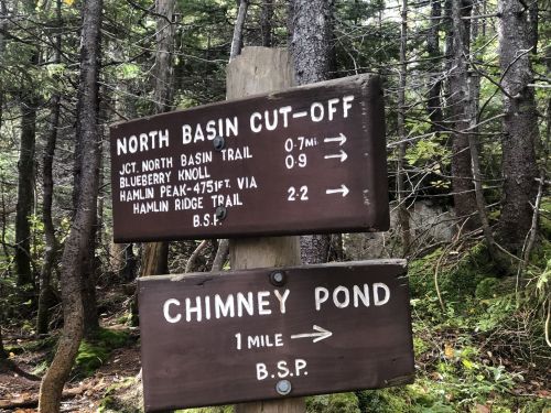 Wooden trail sign in a forest, indicating directions to North Basin Cut-Off and Chimney Pond with distances.